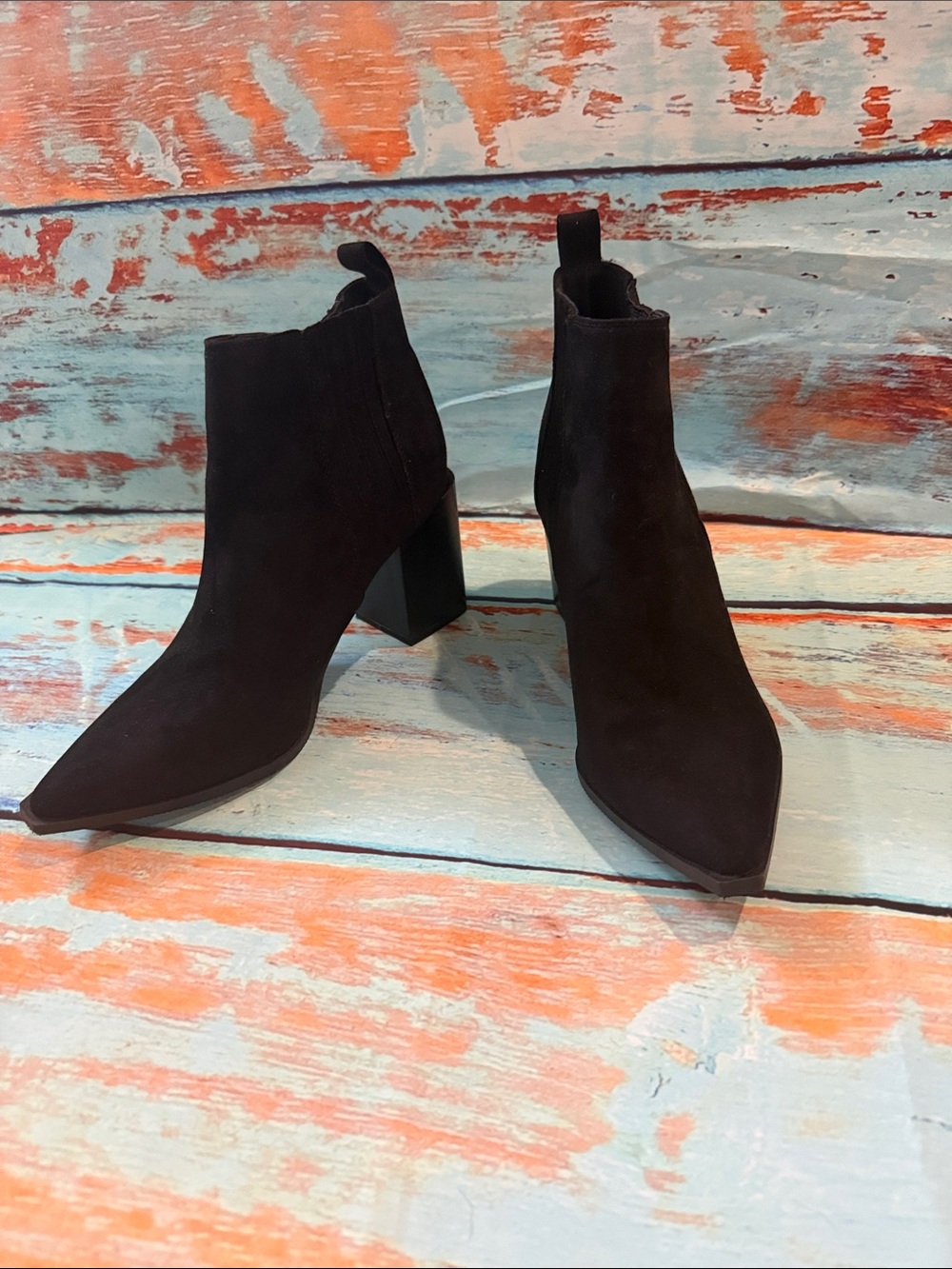 Pointed-Toe Black Suede Block Heel Ankle Boots